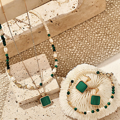 S925 Gold-Tone Malachite & Tiny Pearl Bracelet