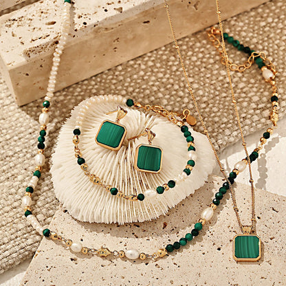 S925 Gold-Tone Malachite & Tiny Pearl Bracelet