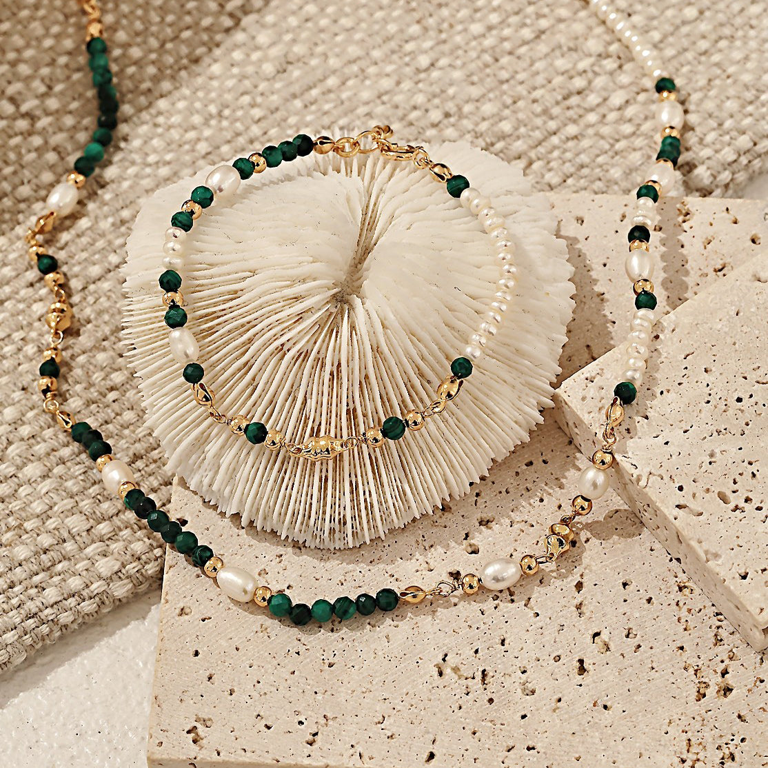S925 Gold-Tone Malachite & Tiny Pearl Bracelet