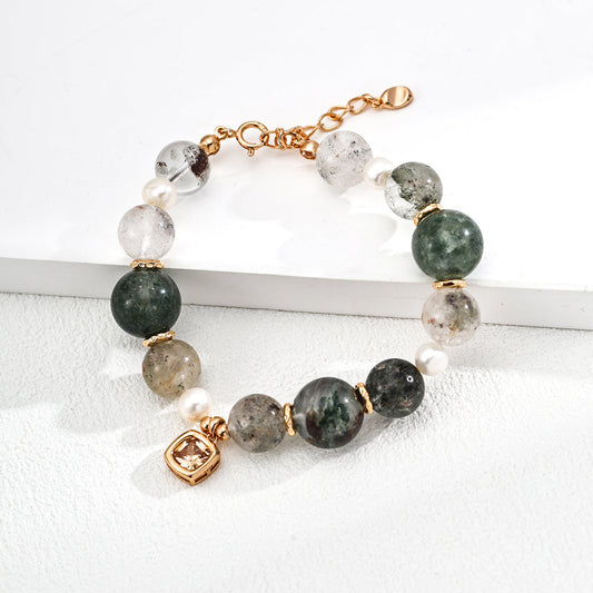 S925 Gold-Tone Green Phantom Quartz & Pearl Bracelet with Square CZ Charm