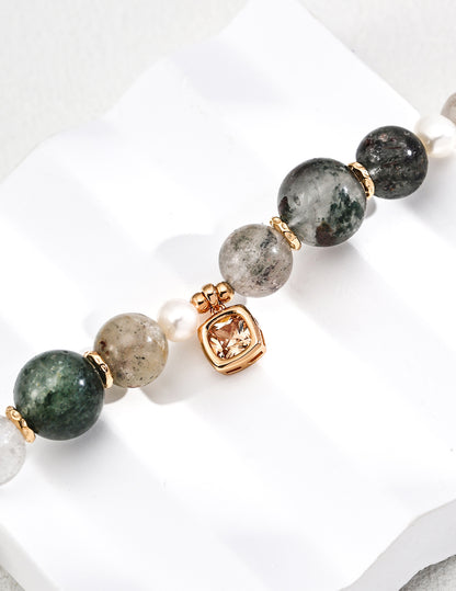 S925 Gold-Tone Green Phantom Quartz & Pearl Bracelet with Square CZ Charm
