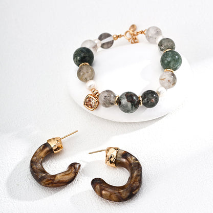 S925 Gold-Tone Green Phantom Quartz & Pearl Bracelet with Square CZ Charm