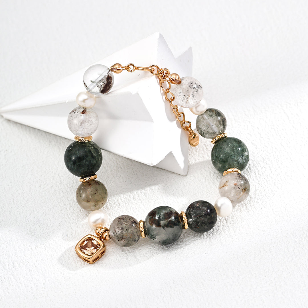 S925 Gold-Tone Green Phantom Quartz & Pearl Bracelet with Square CZ Charm