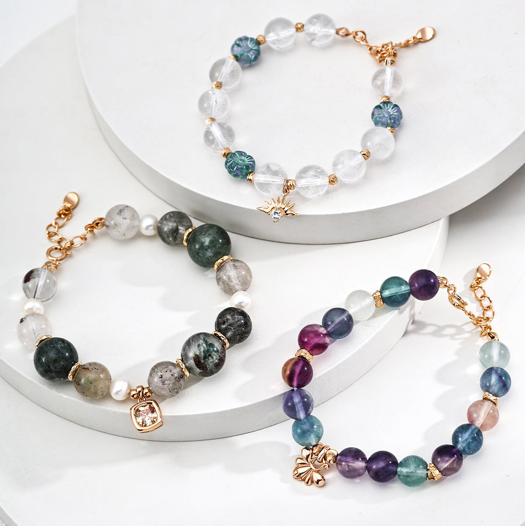 S925 Gold-Tone Green Phantom Quartz & Pearl Bracelet with Square CZ Charm