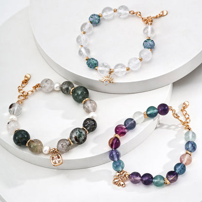 S925 Gold-Tone Green Phantom Quartz & Pearl Bracelet with Square CZ Charm