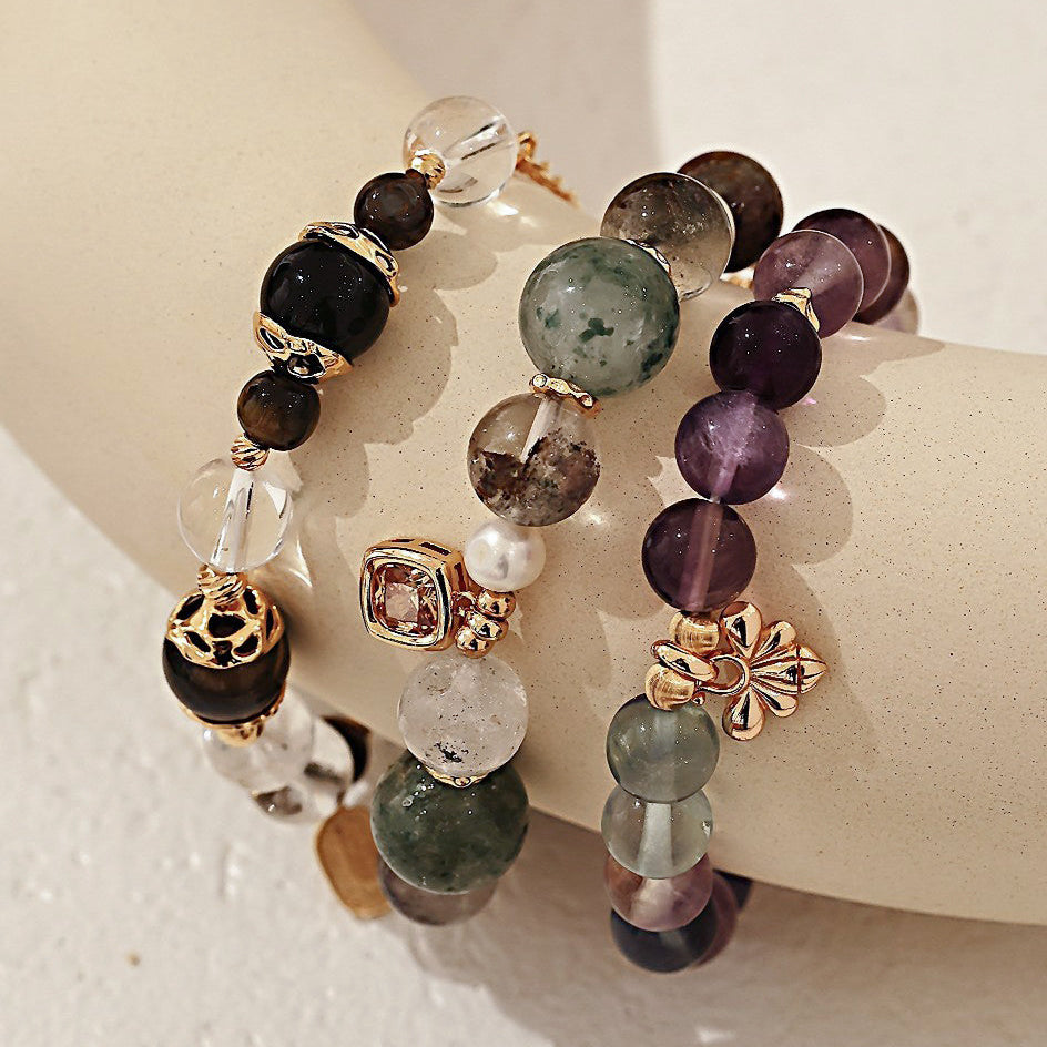 S925 Gold-Tone Green Phantom Quartz & Pearl Bracelet with Square CZ Charm