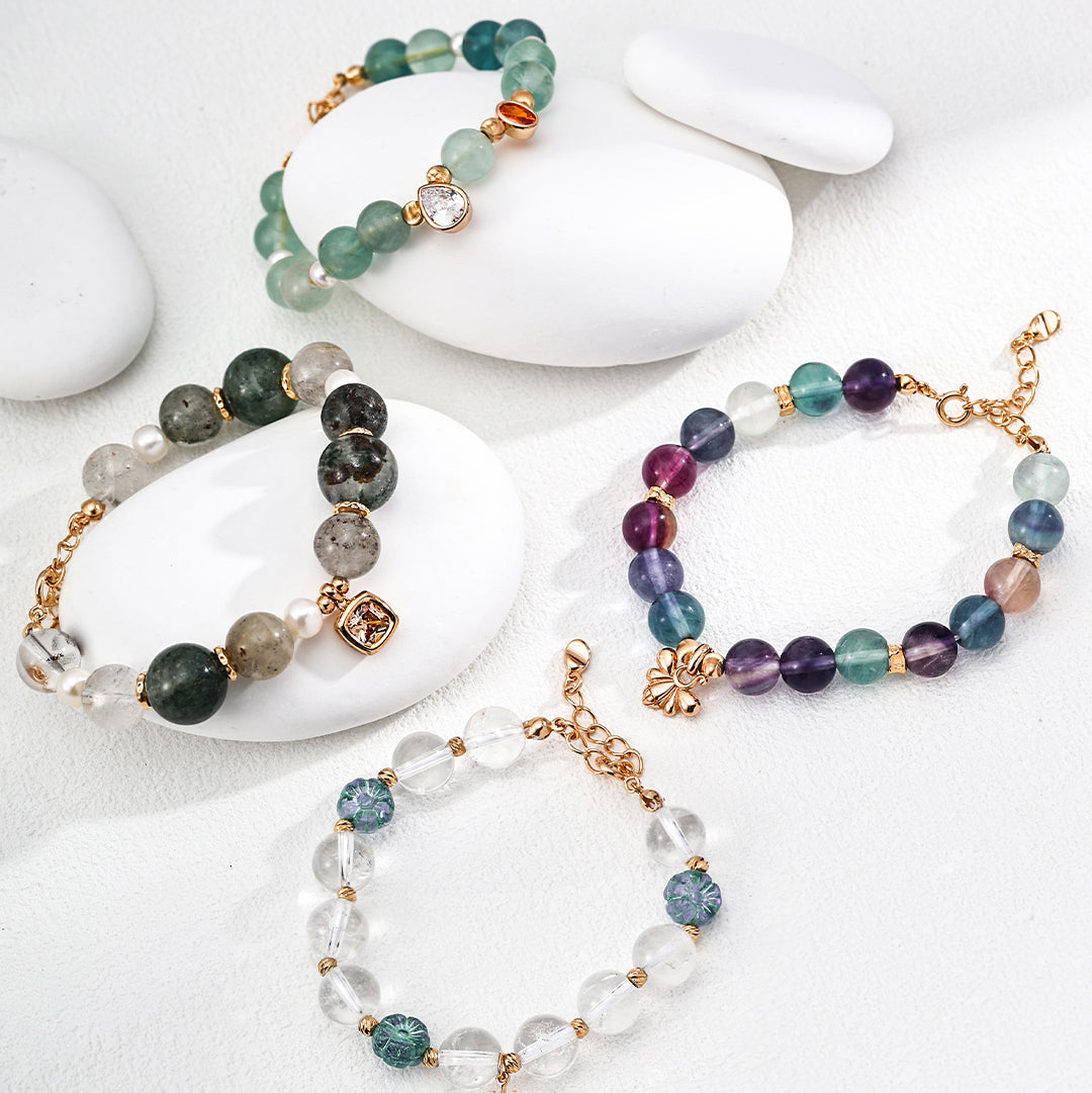 S925 Gold-Tone Green Phantom Quartz & Pearl Bracelet with Square CZ Charm
