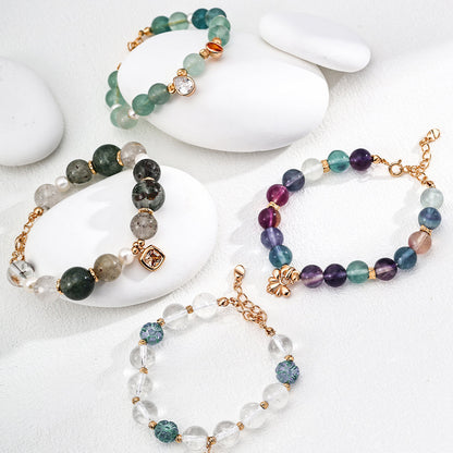 S925 Gold-Tone Green Phantom Quartz & Pearl Bracelet with Square CZ Charm