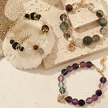 S925 Gold-Tone Green Phantom Quartz & Pearl Bracelet with Square CZ Charm