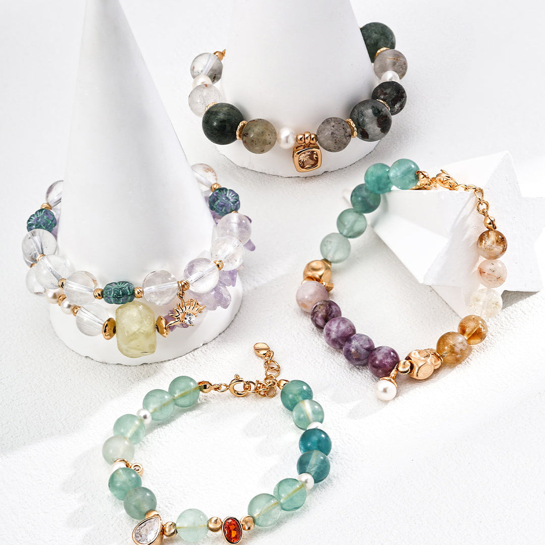 S925 Gold-Tone Green Phantom Quartz & Pearl Bracelet with Square CZ Charm