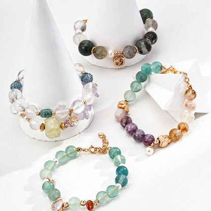S925 Gold-Tone Green Phantom Quartz & Pearl Bracelet with Square CZ Charm