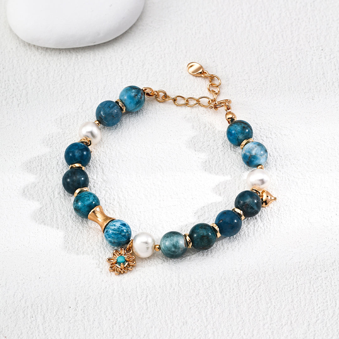 S925 Gold-Tone Blue Apatite Beaded Bracelet with Sunflower Turquoise Charm