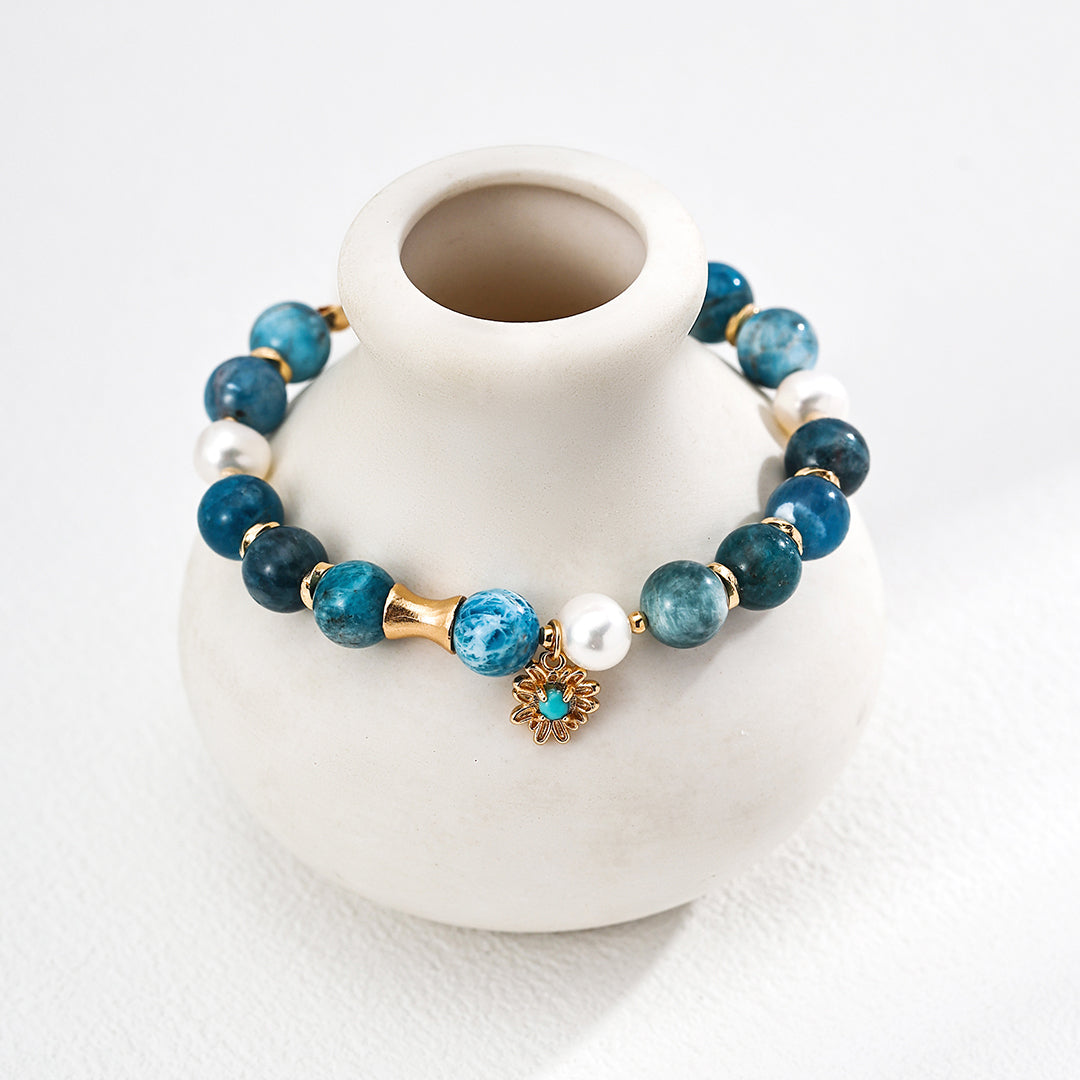 S925 Gold-Tone Blue Apatite Beaded Bracelet with Sunflower Turquoise Charm