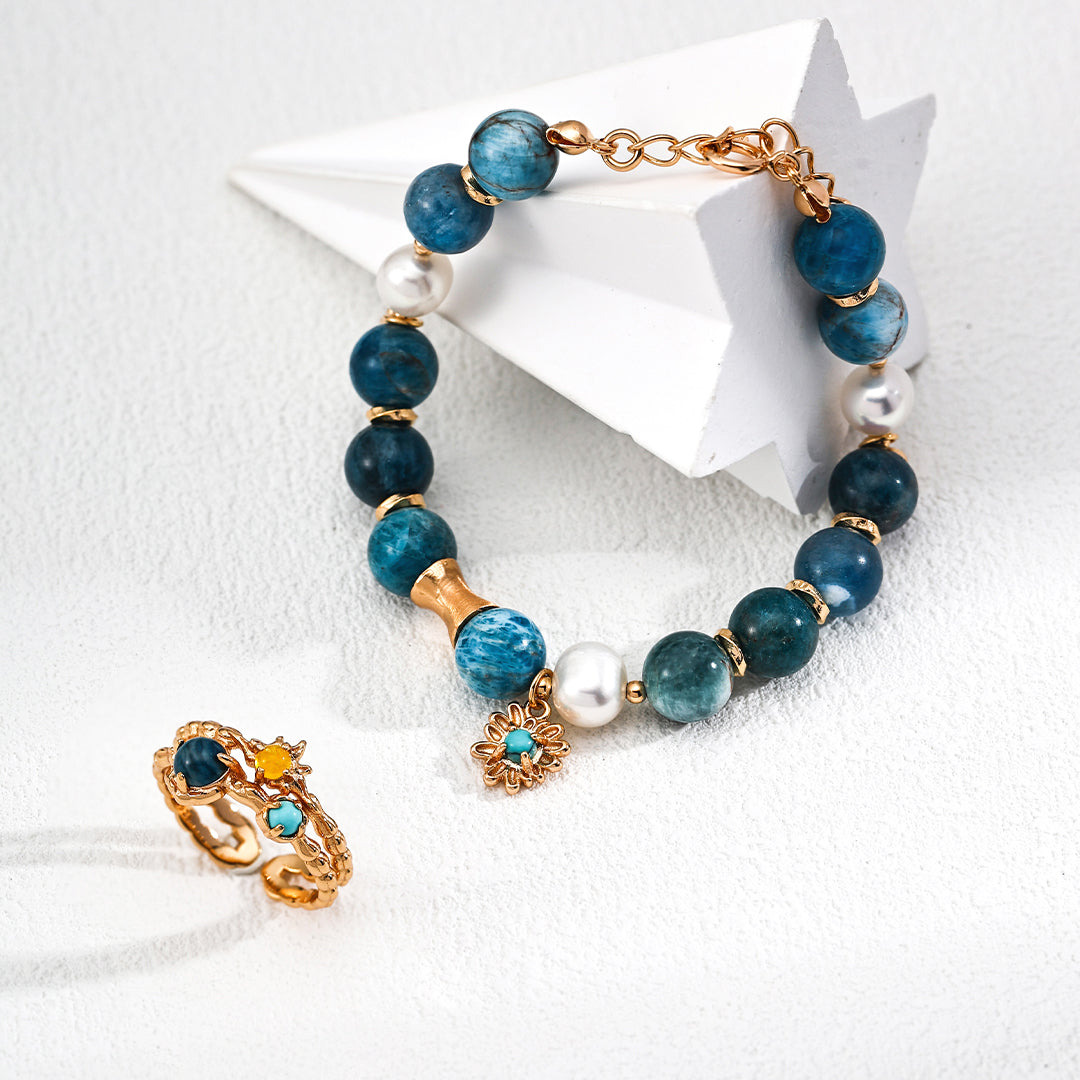 S925 Gold-Tone Blue Apatite Beaded Bracelet with Sunflower Turquoise Charm