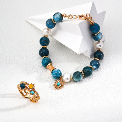 S925 Gold-Tone Blue Apatite Beaded Bracelet with Sunflower Turquoise Charm