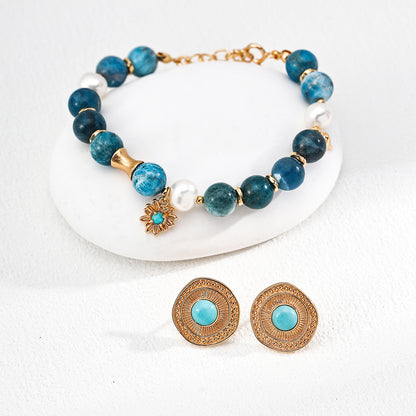 S925 Gold-Tone Blue Apatite Beaded Bracelet with Sunflower Turquoise Charm