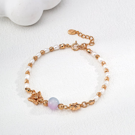 S925 Gold-Tone Tiny Pearl Bracelet with Pink Crystal & Butterfly Charm