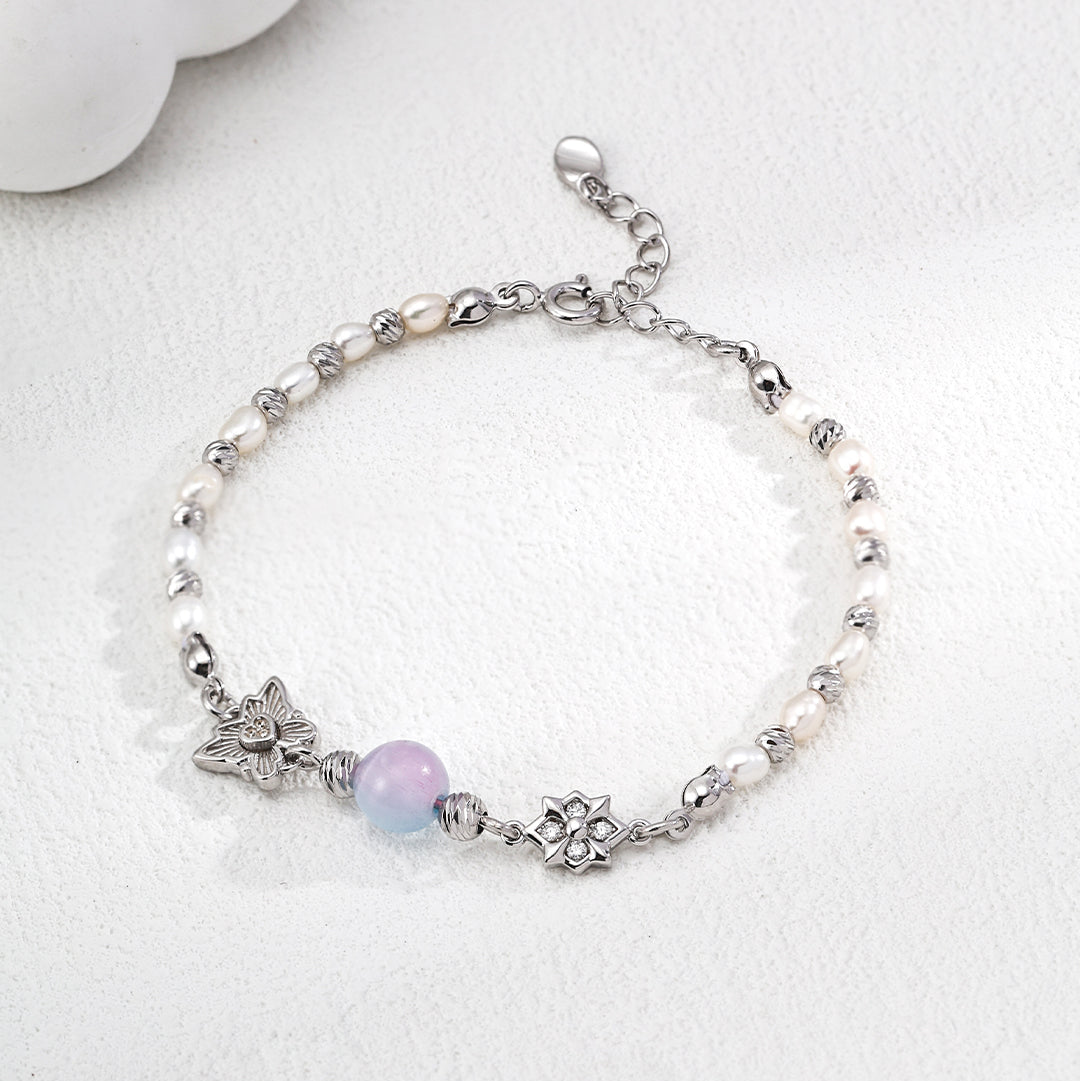 S925 Gold-Tone Tiny Pearl Bracelet with Pink Crystal & Butterfly Charm