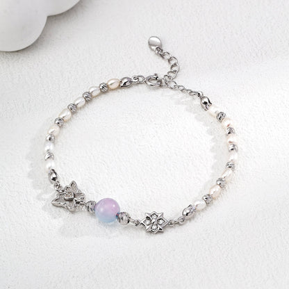 S925 Gold-Tone Tiny Pearl Bracelet with Pink Crystal & Butterfly Charm