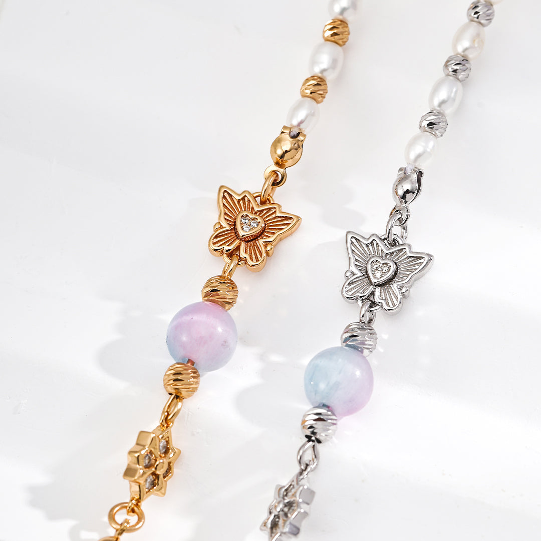 S925 Gold-Tone Tiny Pearl Bracelet with Pink Crystal & Butterfly Charm