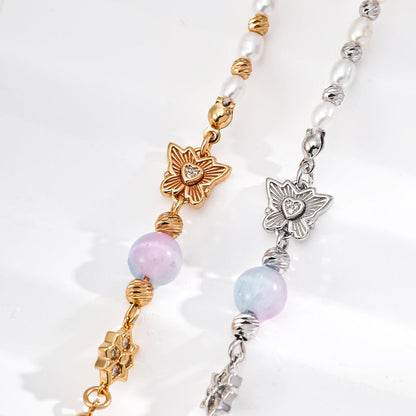 S925 Gold-Tone Tiny Pearl Bracelet with Pink Crystal & Butterfly Charm