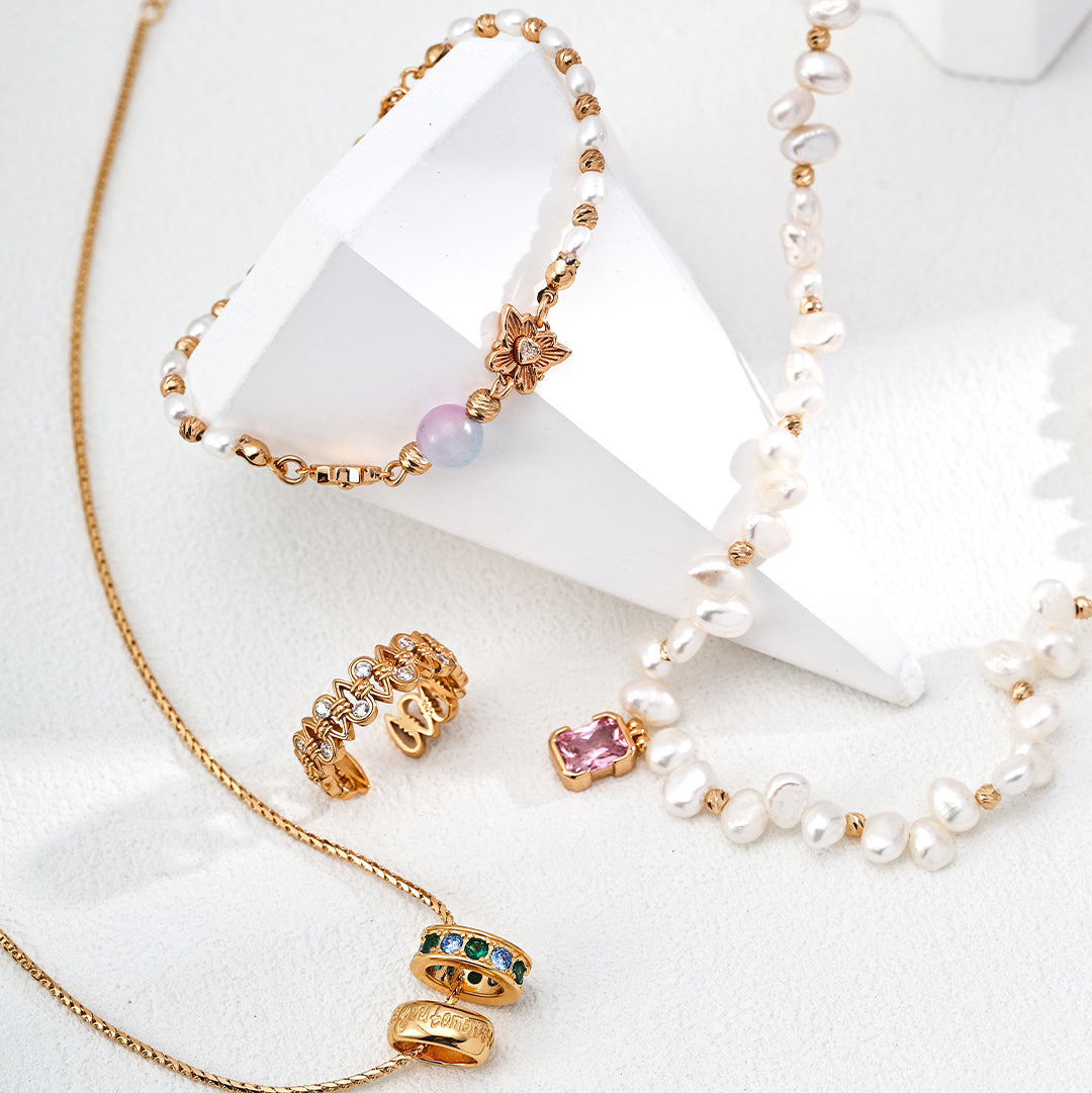 S925 Gold-Tone Tiny Pearl Bracelet with Pink Crystal & Butterfly Charm