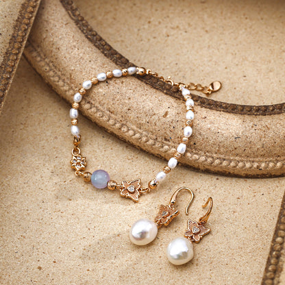 S925 Gold-Tone Tiny Pearl Bracelet with Pink Crystal & Butterfly Charm