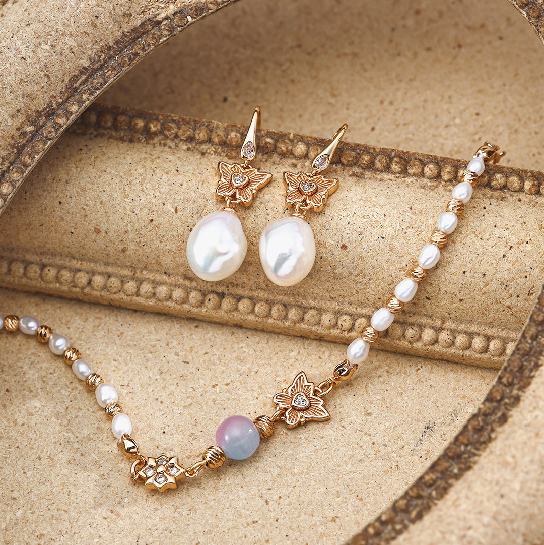 S925 Gold-Tone Tiny Pearl Bracelet with Pink Crystal & Butterfly Charm