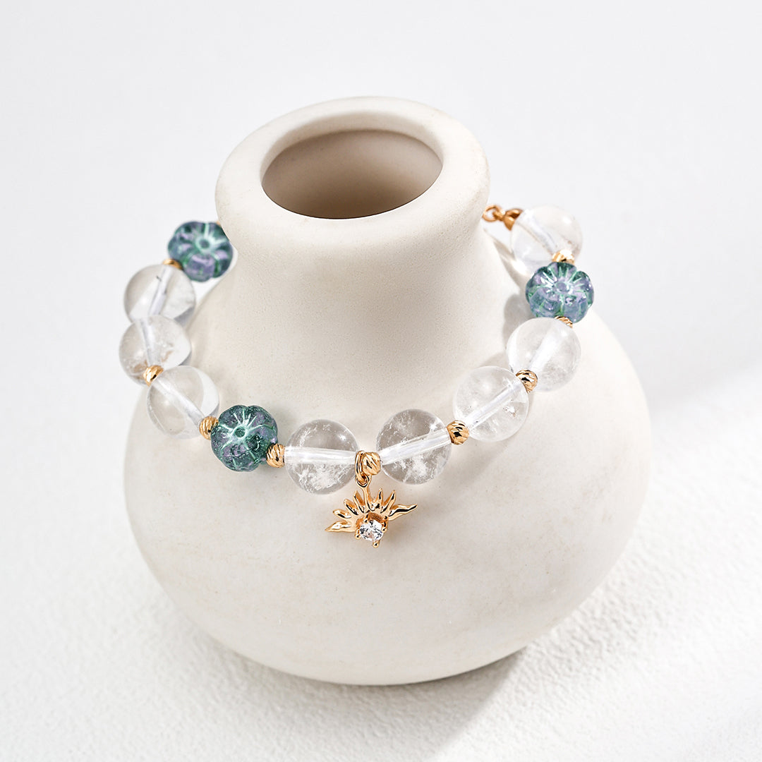S925 Gold-Tone Clear Quartz & Glass Flower Bracelet with Sun Charm