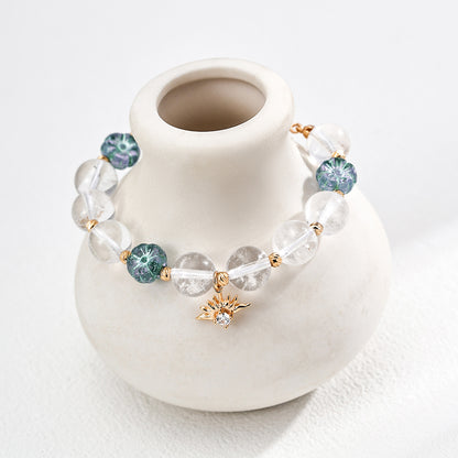 S925 Gold-Tone Clear Quartz & Glass Flower Bracelet with Sun Charm