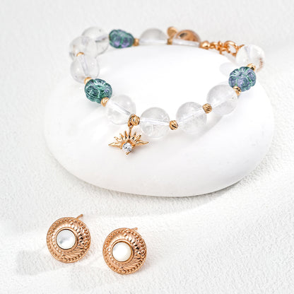S925 Gold-Tone Clear Quartz & Glass Flower Bracelet with Sun Charm