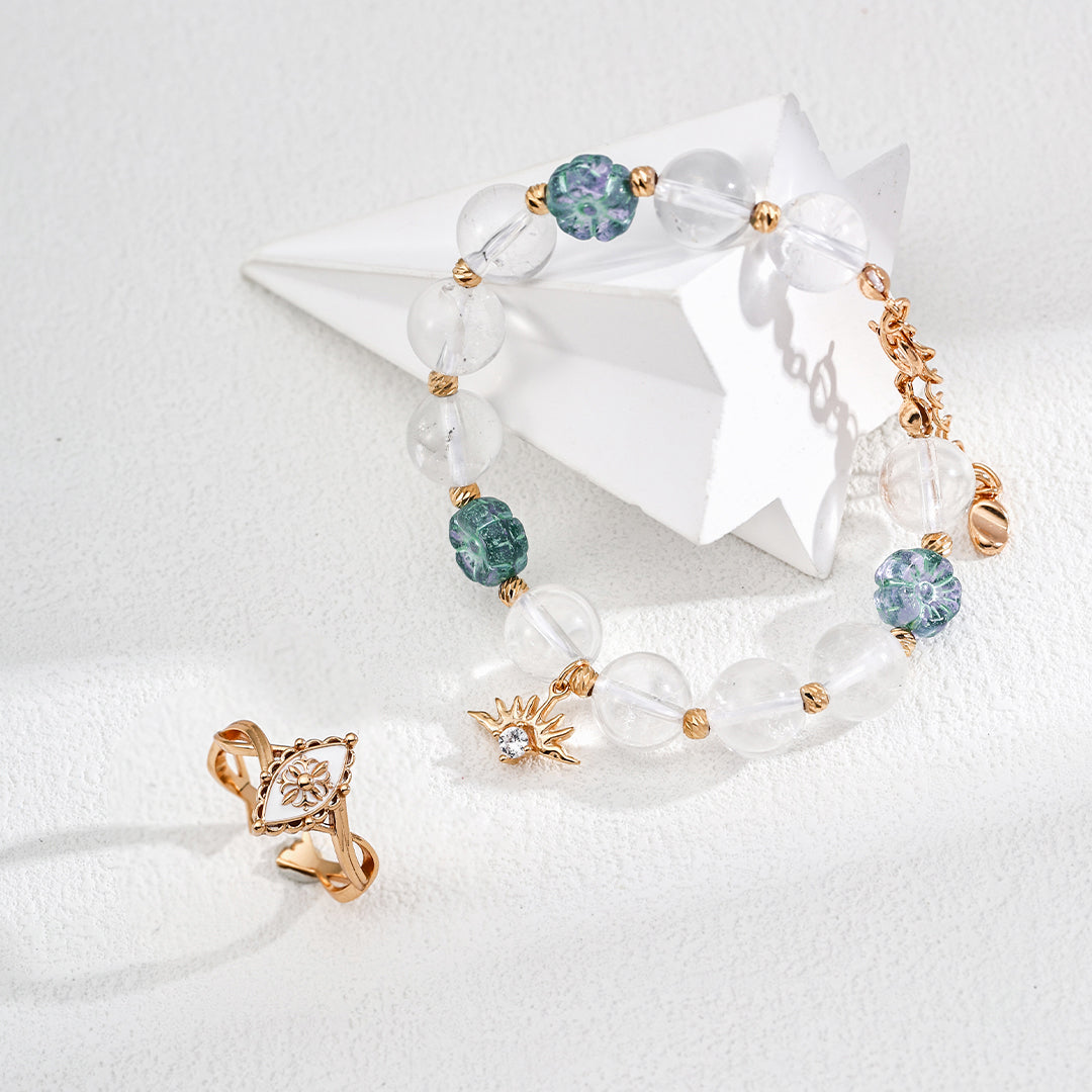 S925 Gold-Tone Clear Quartz & Glass Flower Bracelet with Sun Charm
