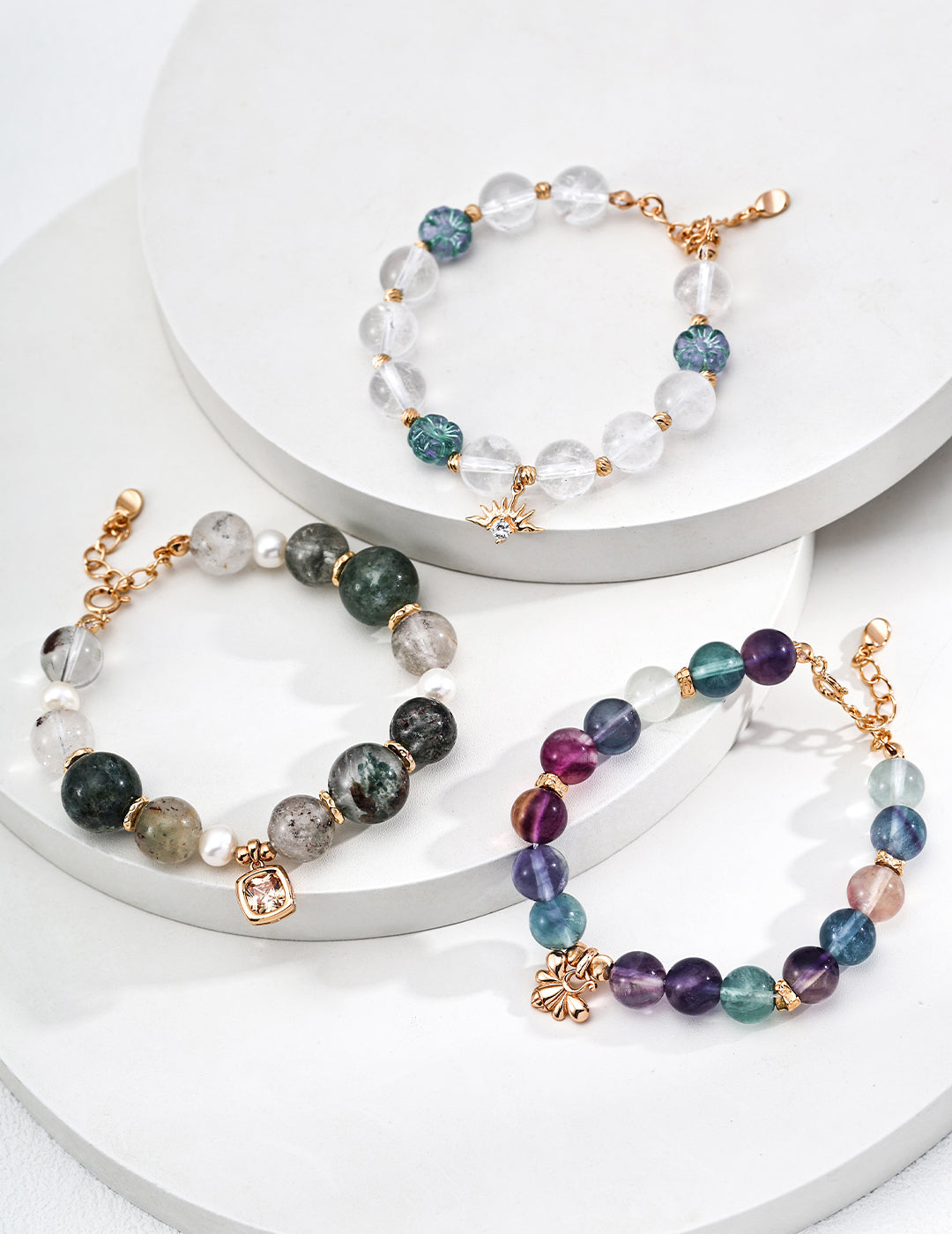 S925 Gold-Tone Clear Quartz & Glass Flower Bracelet with Sun Charm