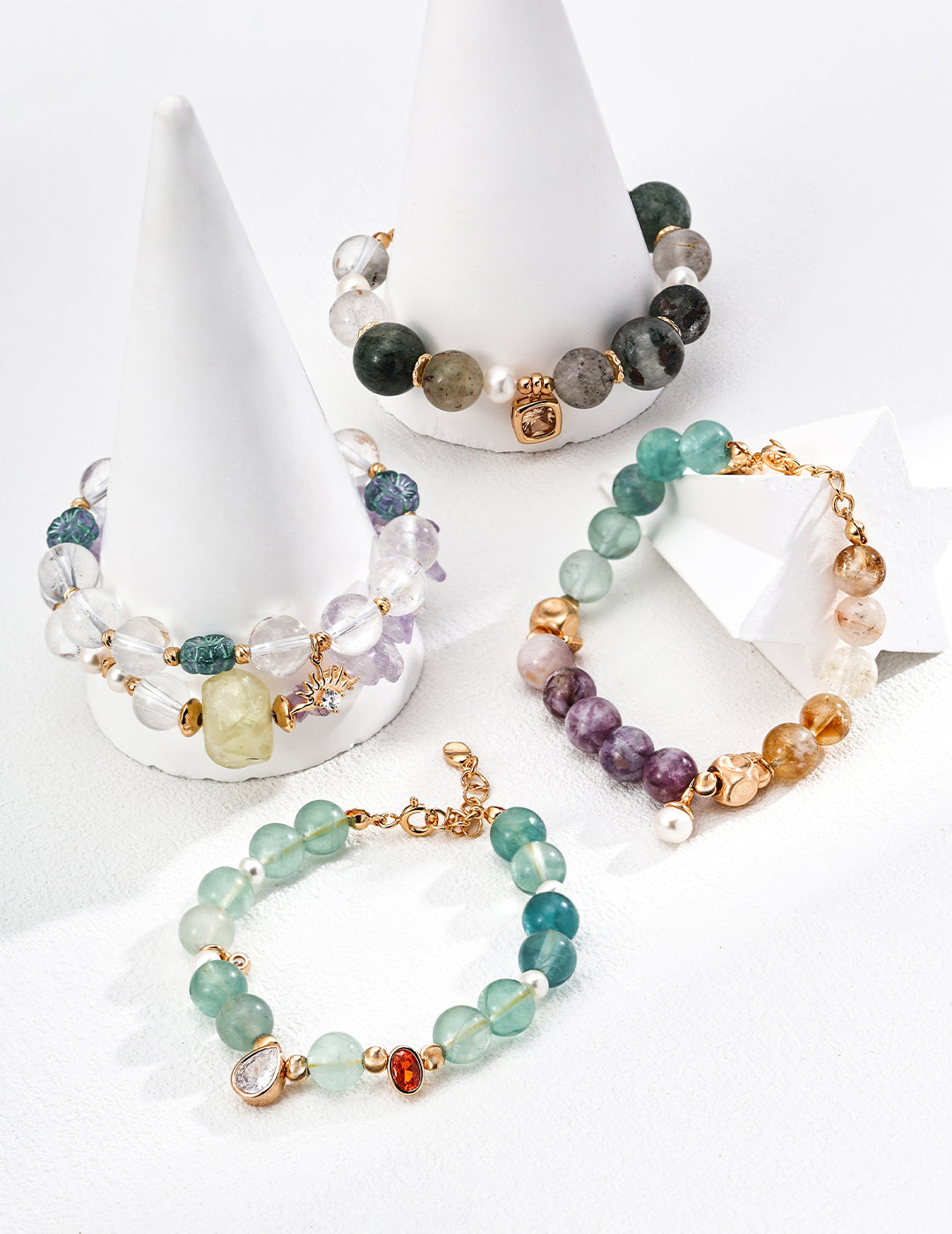 S925 Gold-Tone Clear Quartz & Glass Flower Bracelet with Sun Charm