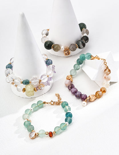 S925 Gold-Tone Clear Quartz & Glass Flower Bracelet with Sun Charm
