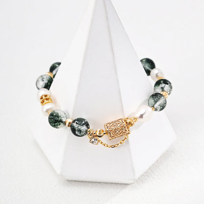 S925 Gold-Tone Green Phantom Quartz & Baroque Pearl Bracelet with Lock Charm