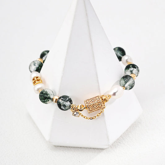 S925 Gold-Tone Green Phantom Quartz & Baroque Pearl Bracelet with Lock Charm