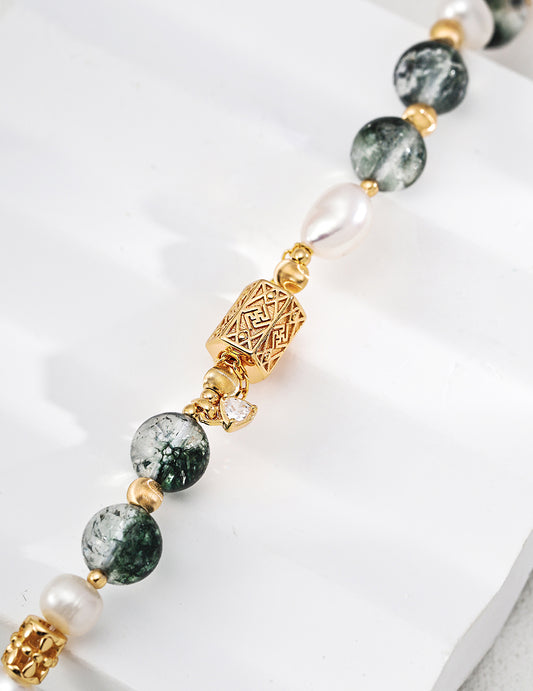 S925 Gold-Tone Green Phantom Quartz & Baroque Pearl Bracelet with Lock Charm