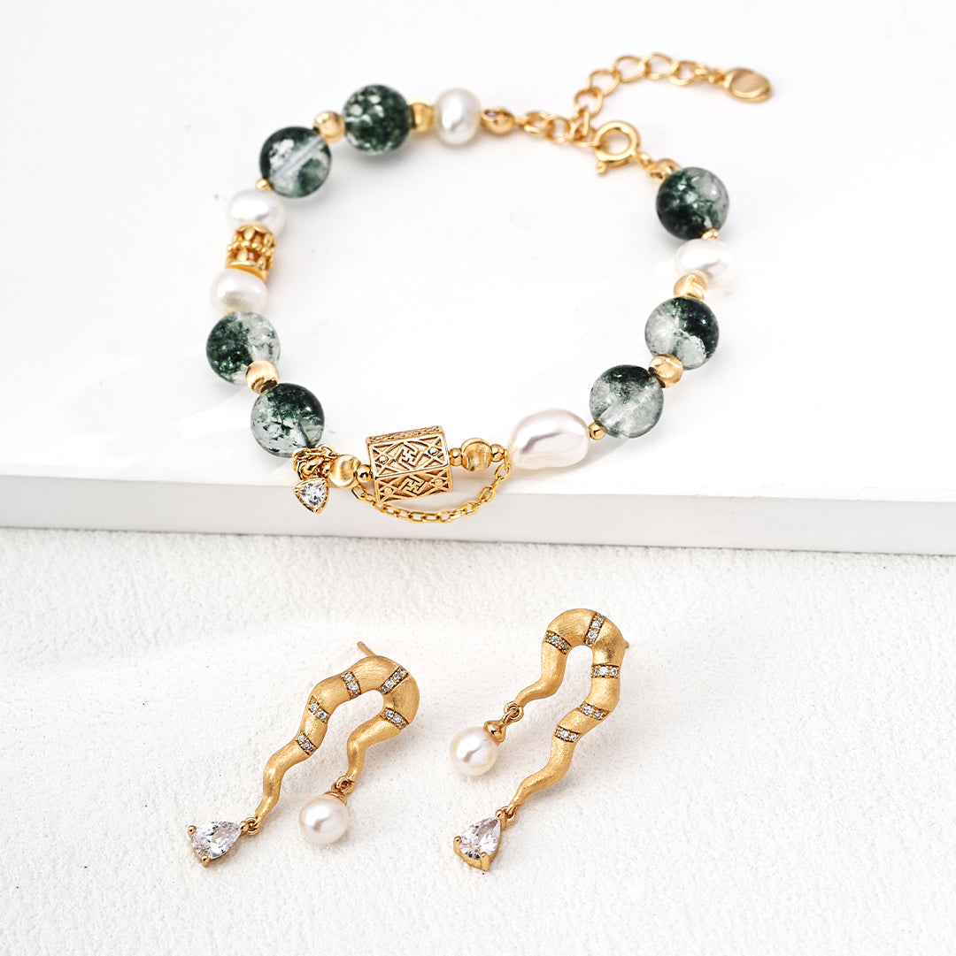 S925 Gold-Tone Green Phantom Quartz & Baroque Pearl Bracelet with Lock Charm