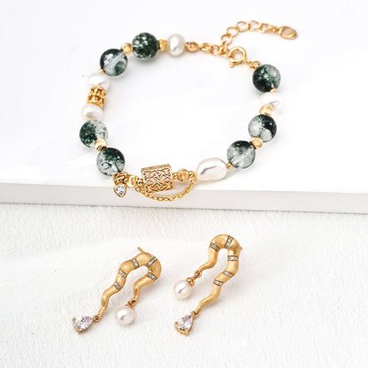S925 Gold-Tone Green Phantom Quartz & Baroque Pearl Bracelet with Lock Charm