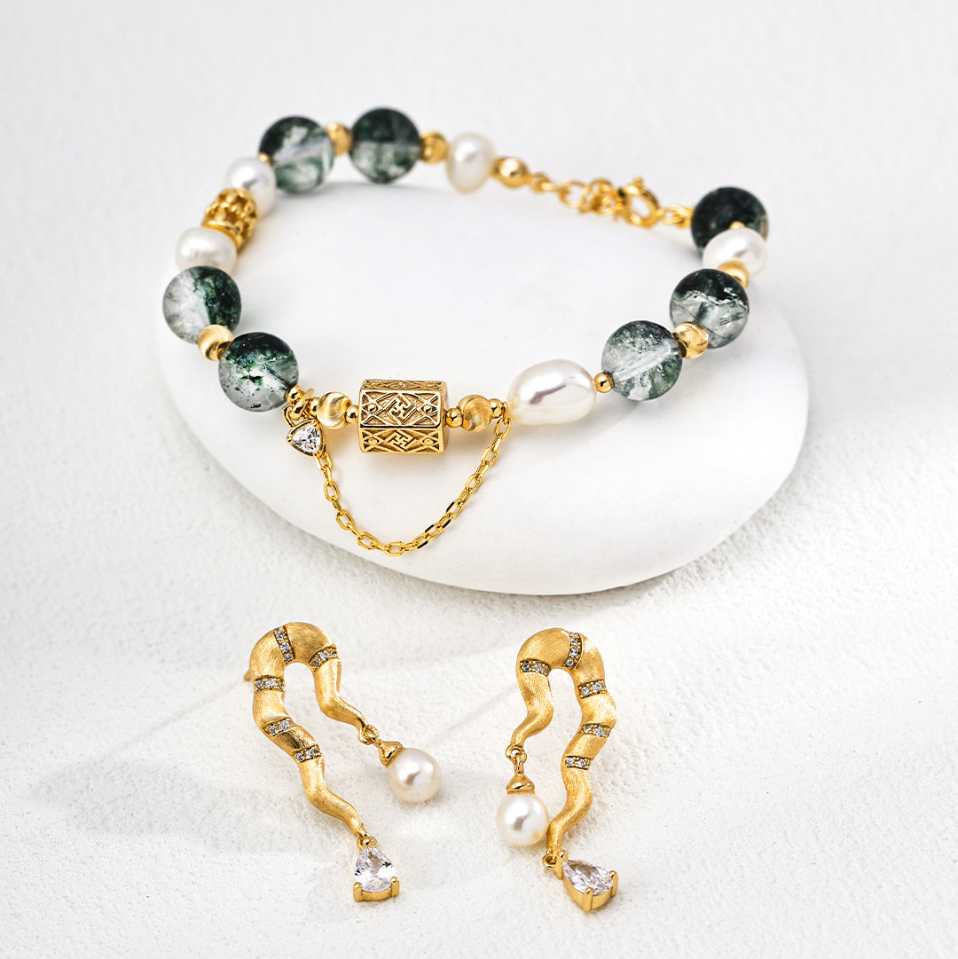 S925 Gold-Tone Green Phantom Quartz & Baroque Pearl Bracelet with Lock Charm