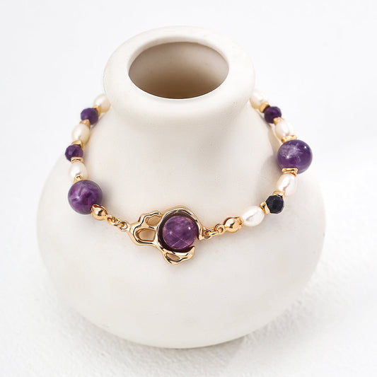 S925 Silver Natural Fluid-Wrap Amethyst & Pearl Bracelet