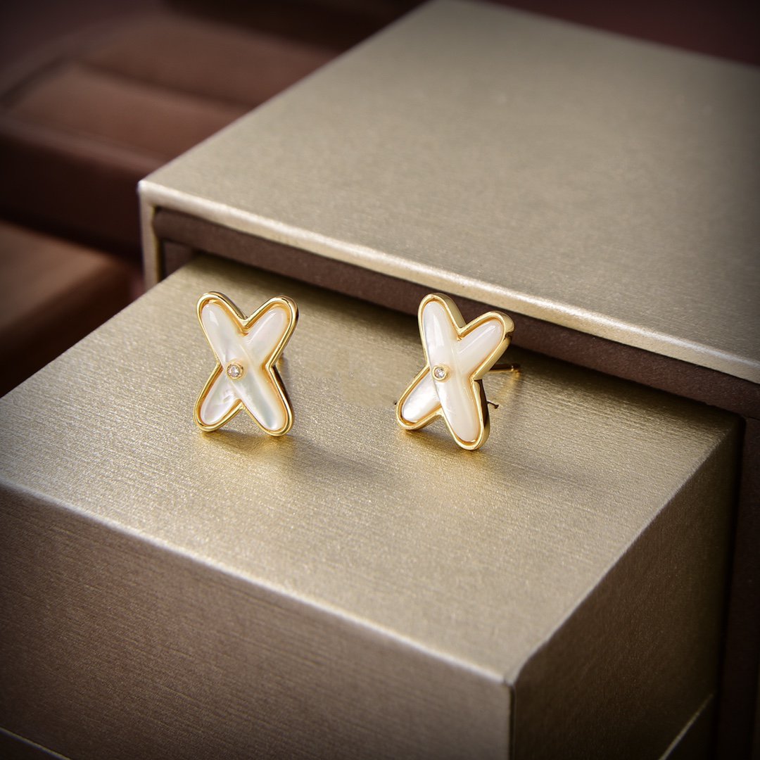 [Vicky]JEUX DE WHITE MOP GOLD DIAMOND EARRINGS