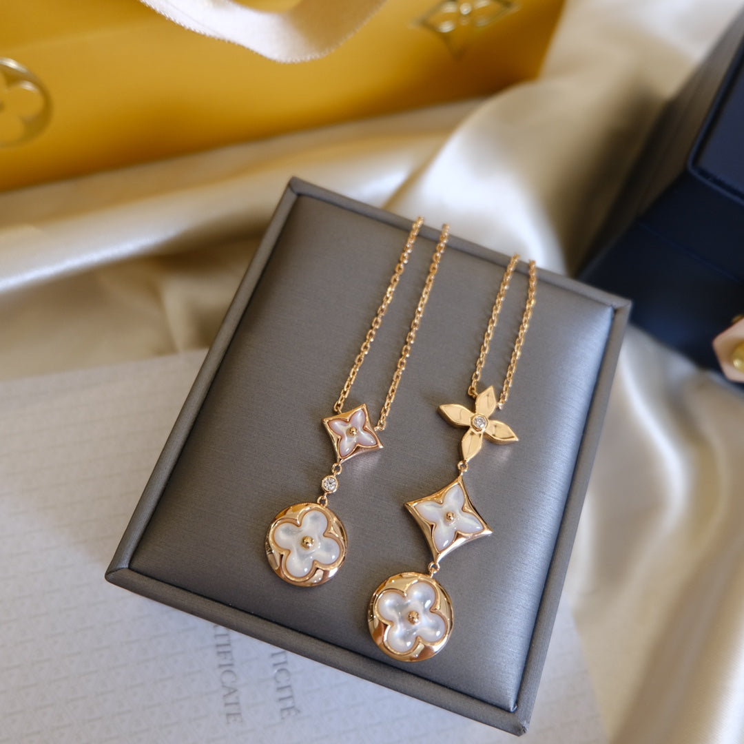 [Vicky]COLOR BLOSSOM LARIAT NECKLACE PINK GOLD WHITE MOTHER PEARL AND DIAMOND