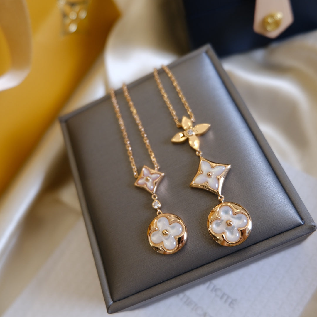 [Vicky]COLOR BLOSSOM LARIAT NECKLACE PINK GOLD WHITE MOTHER PEARL AND DIAMOND
