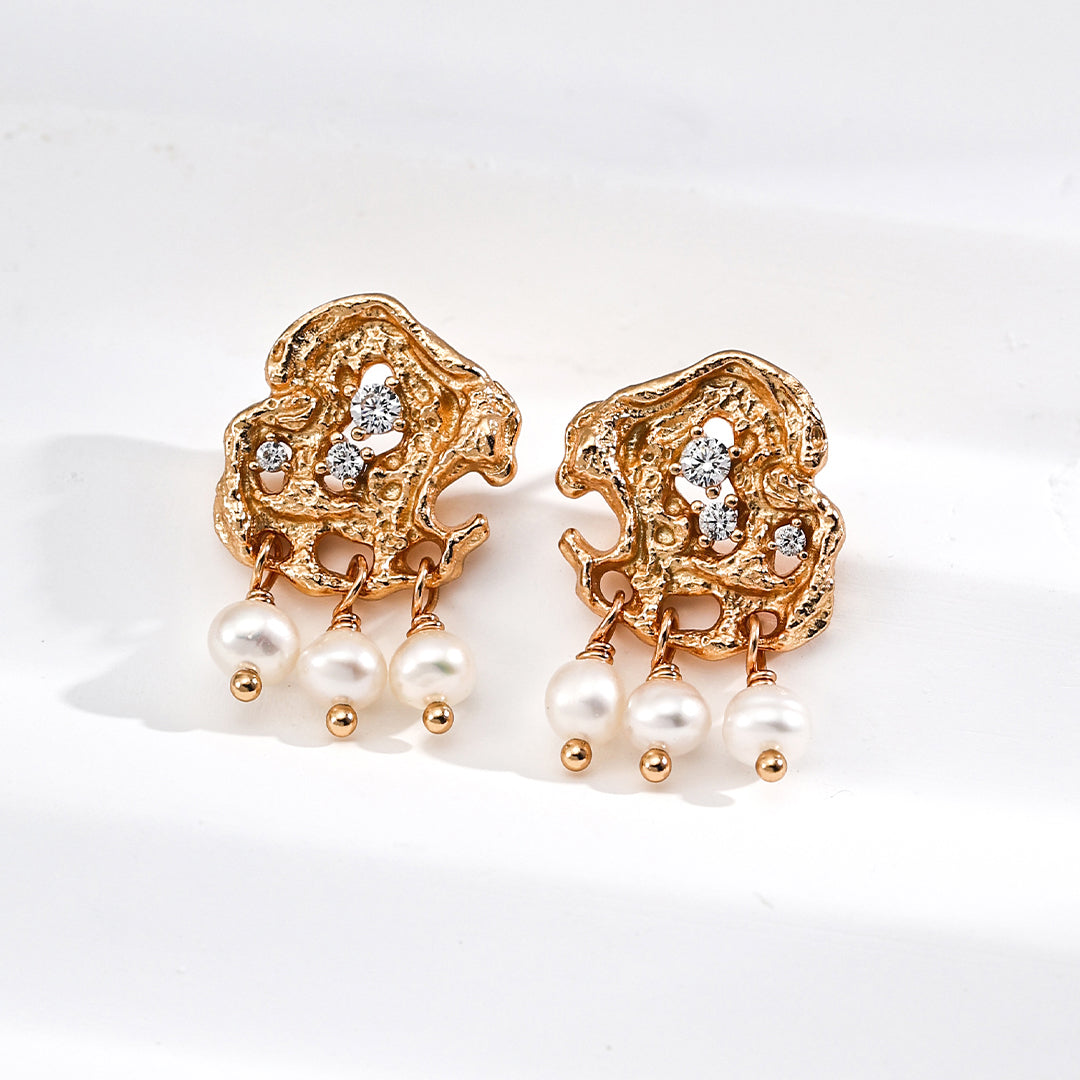 S925 Gold-Tone Molten Lace Stud Earrings with CZ & Triple Pearl Drops