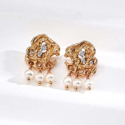 S925 Gold-Tone Molten Lace Stud Earrings with CZ & Triple Pearl Drops