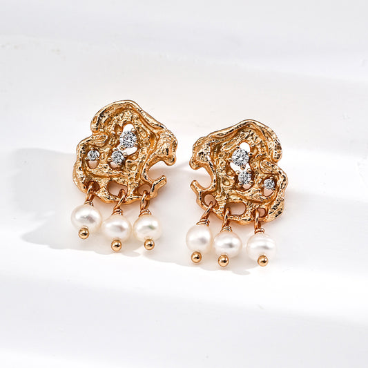 S925 Gold-Tone Molten Lace Stud Earrings with CZ & Triple Pearl Drops