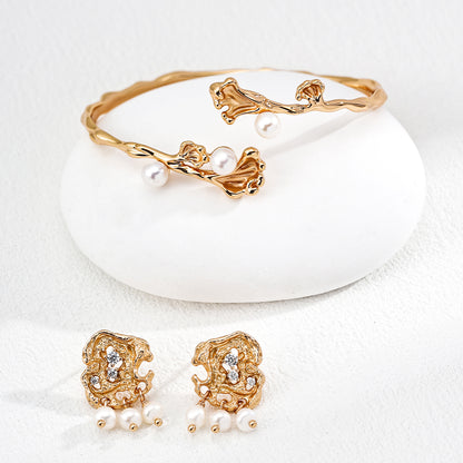 S925 Gold-Tone Molten Lace Stud Earrings with CZ & Triple Pearl Drops