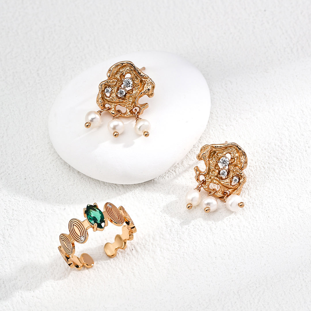 S925 Gold-Tone Molten Lace Stud Earrings with CZ & Triple Pearl Drops